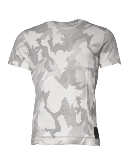 Dolce &amp; Gabbana – T-Shirt aus Baumwolle mit Rundhalsausschnitt in Weiß und Grau mit Camouflage-Muster