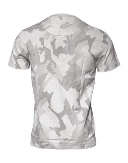 Dolce &amp; Gabbana – T-Shirt aus Baumwolle mit Rundhalsausschnitt in Weiß und Grau mit Camouflage-Muster