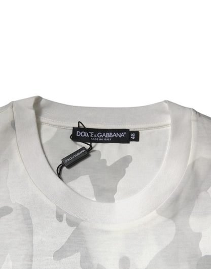 Dolce &amp; Gabbana – T-Shirt aus Baumwolle mit Rundhalsausschnitt in Weiß und Grau mit Camouflage-Muster
