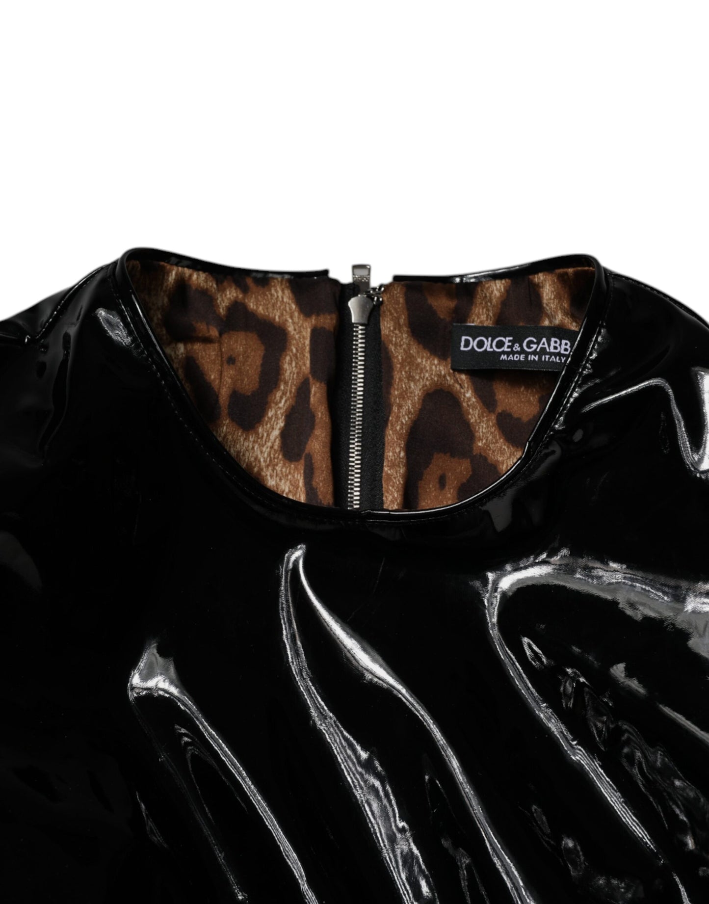 Dolce &amp; Gabbana – Schwarzes Minikleid aus Lackleder mit Puffärmeln