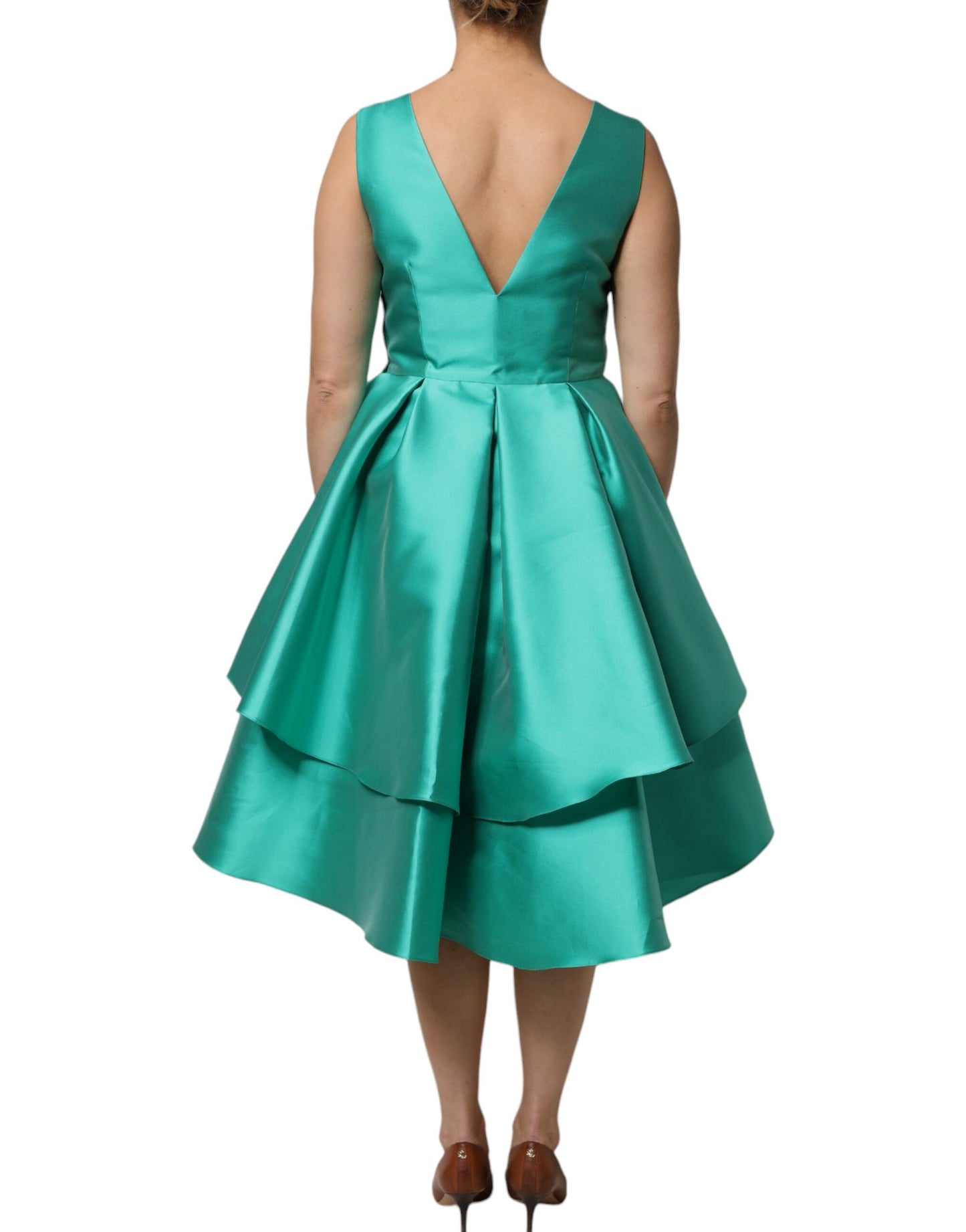 Alberta Ferretti – Ärmelloses Lagenkleid aus Satin-Polyester mit V-Ausschnitt in Grün