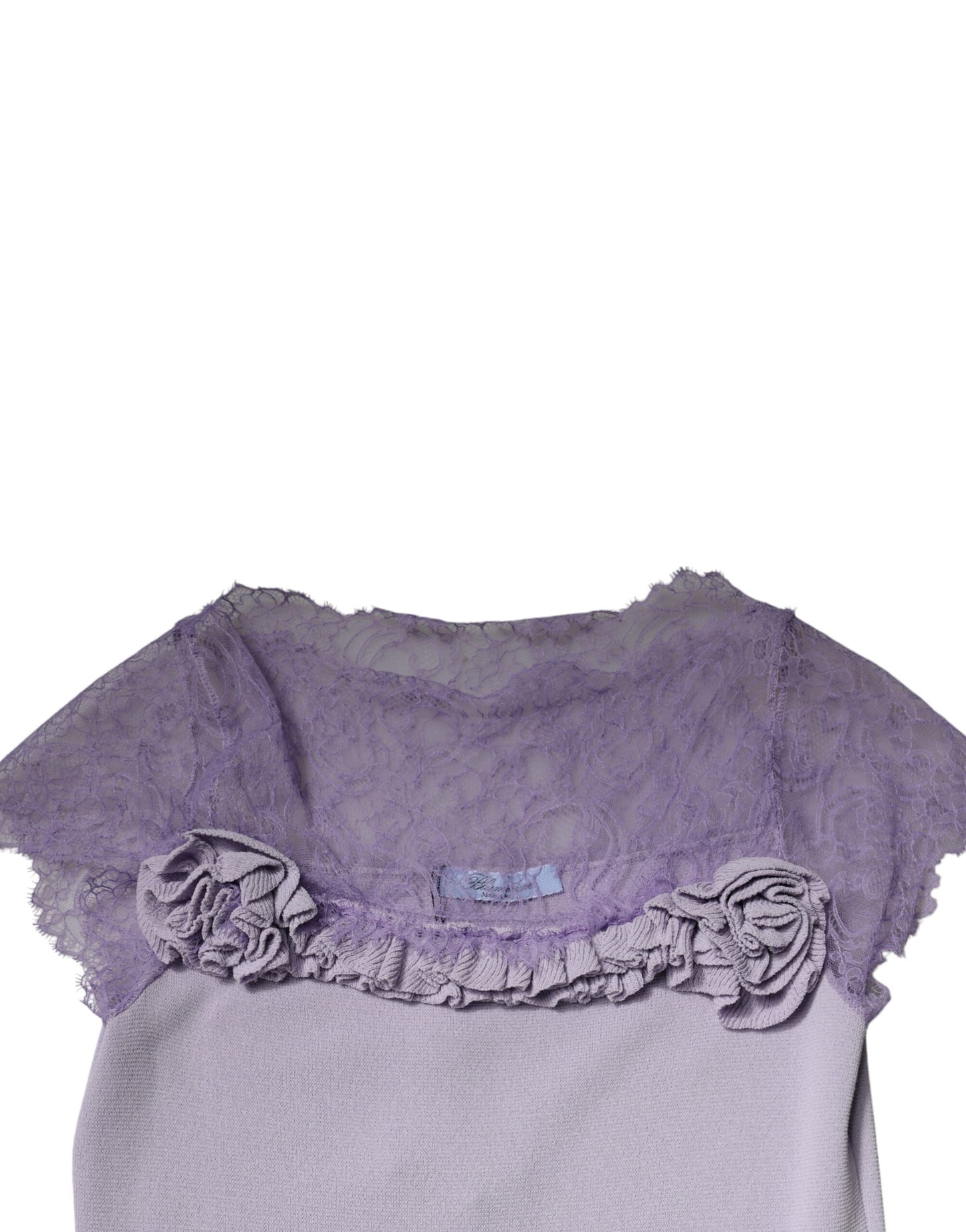 Blumarine – Lilafarbenes A-Linien-Midikleid mit kurzen Ärmeln und floralem Spitzenbesatz