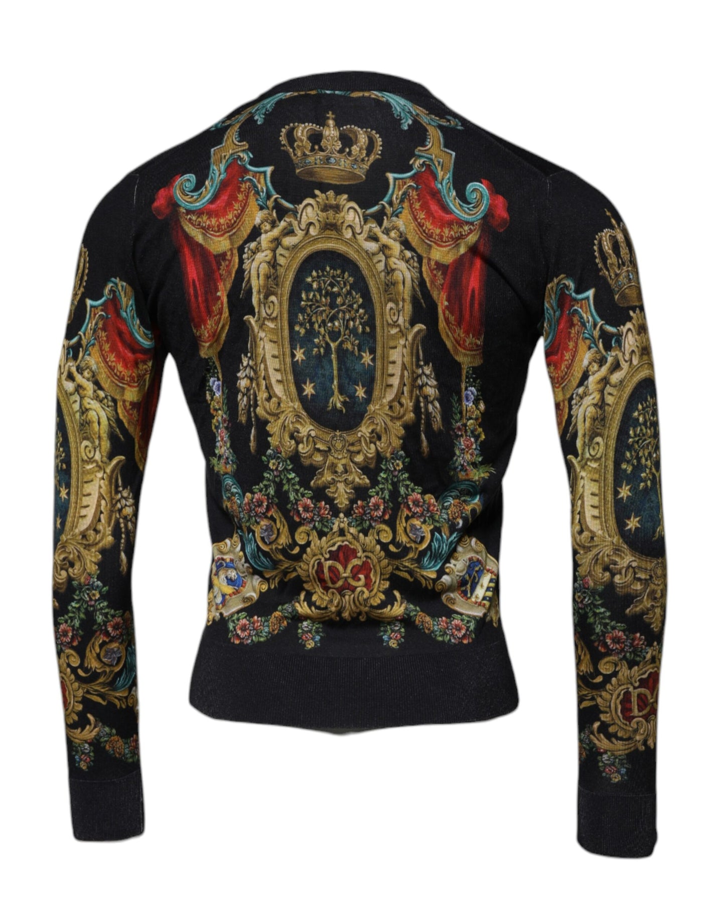 Dolce &amp; Gabbana Schwarzer Pullover mit Rundhalsausschnitt aus Seide mit heraldischem DG-Muster
