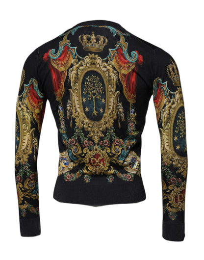 Dolce &amp; Gabbana Schwarzer Pullover mit Rundhalsausschnitt aus Seide mit heraldischem DG-Muster