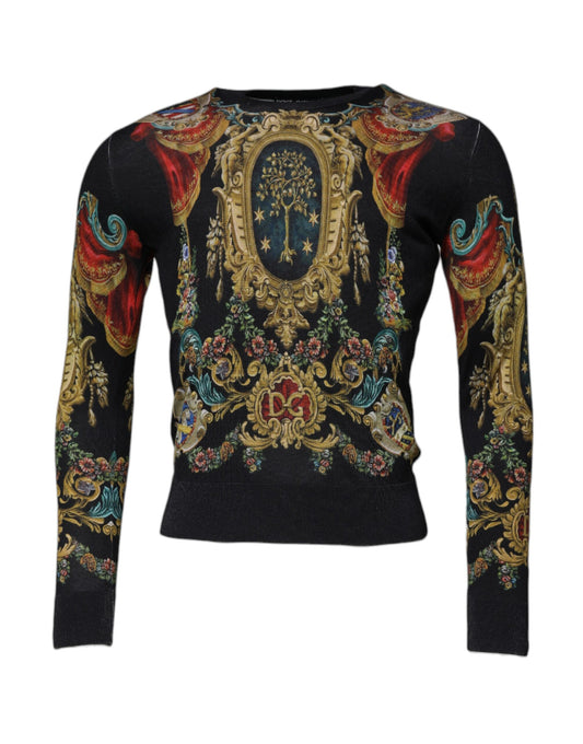 Dolce &amp; Gabbana Schwarzer Pullover mit Rundhalsausschnitt aus Seide mit heraldischem DG-Muster