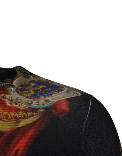 Dolce &amp; Gabbana Schwarzer Pullover mit Rundhalsausschnitt aus Seide mit heraldischem DG-Muster