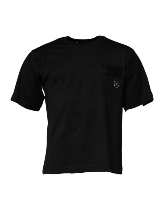 Dolce &amp; Gabbana – Schwarzes Baumwoll-T-Shirt mit Rundhalsausschnitt und Logo-Patch