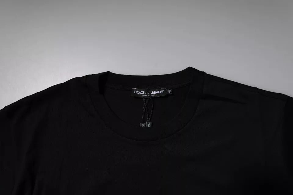 Dolce &amp; Gabbana – Schwarzes Baumwoll-T-Shirt mit Rundhalsausschnitt und Logo-Patch