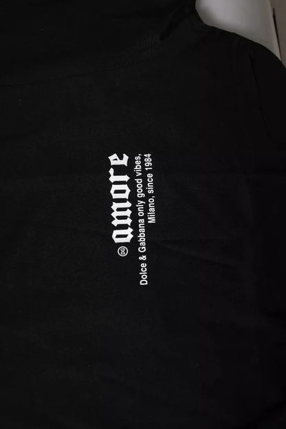 Dolce &amp; Gabbana Schwarzes Amore Leoparden-T-Shirt aus Baumwolle mit Rundhalsausschnitt