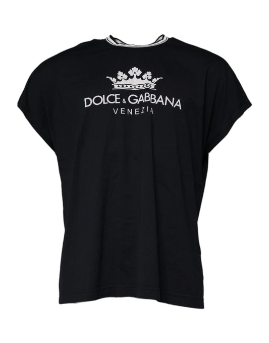 Dolce & Gabbana Dunkelblaues T-Shirt aus Baumwolle mit Rundhalsausschnitt und Logo-Krone
