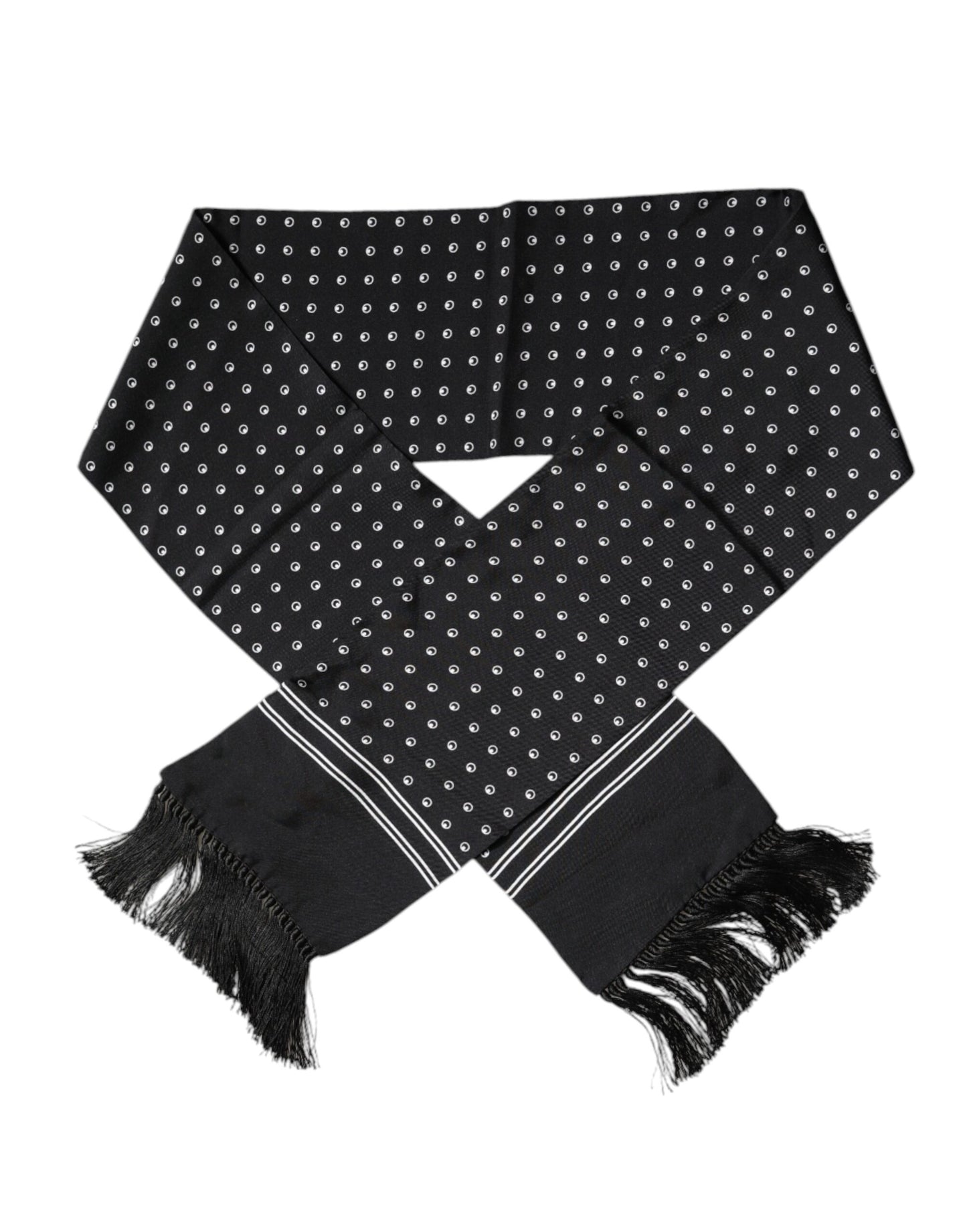 Dolce & Gabbana Black White Polka Dotted Silk Skinny Fringes Scarf