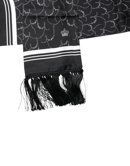 Dolce &amp; Gabbana – Schwarz gemusterter, schmaler Schal mit Fransen