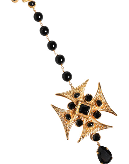 Dolce &amp; Gabbana – Rosenkranz-Halskette aus goldfarbenem Messing mit Kreuz und schwarzen Perlen
