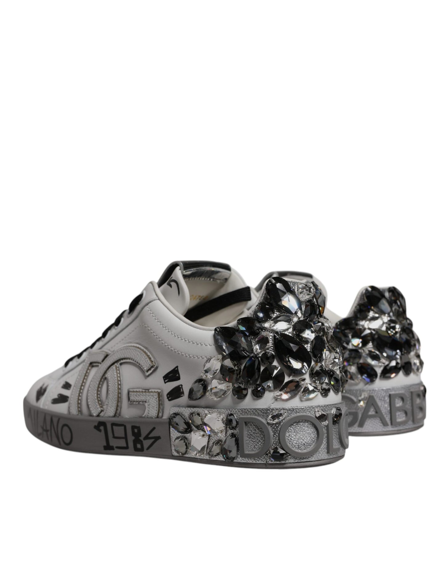 Dolce & Gabbana White Silver Crystal Logo Portofino Sneakers Shoes