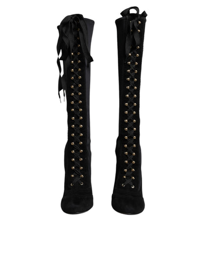 Dolce & Gabbana Black Lace Up Heels High Boots Shoes
