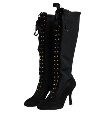 Dolce & Gabbana Black Lace Up Heels High Boots Shoes