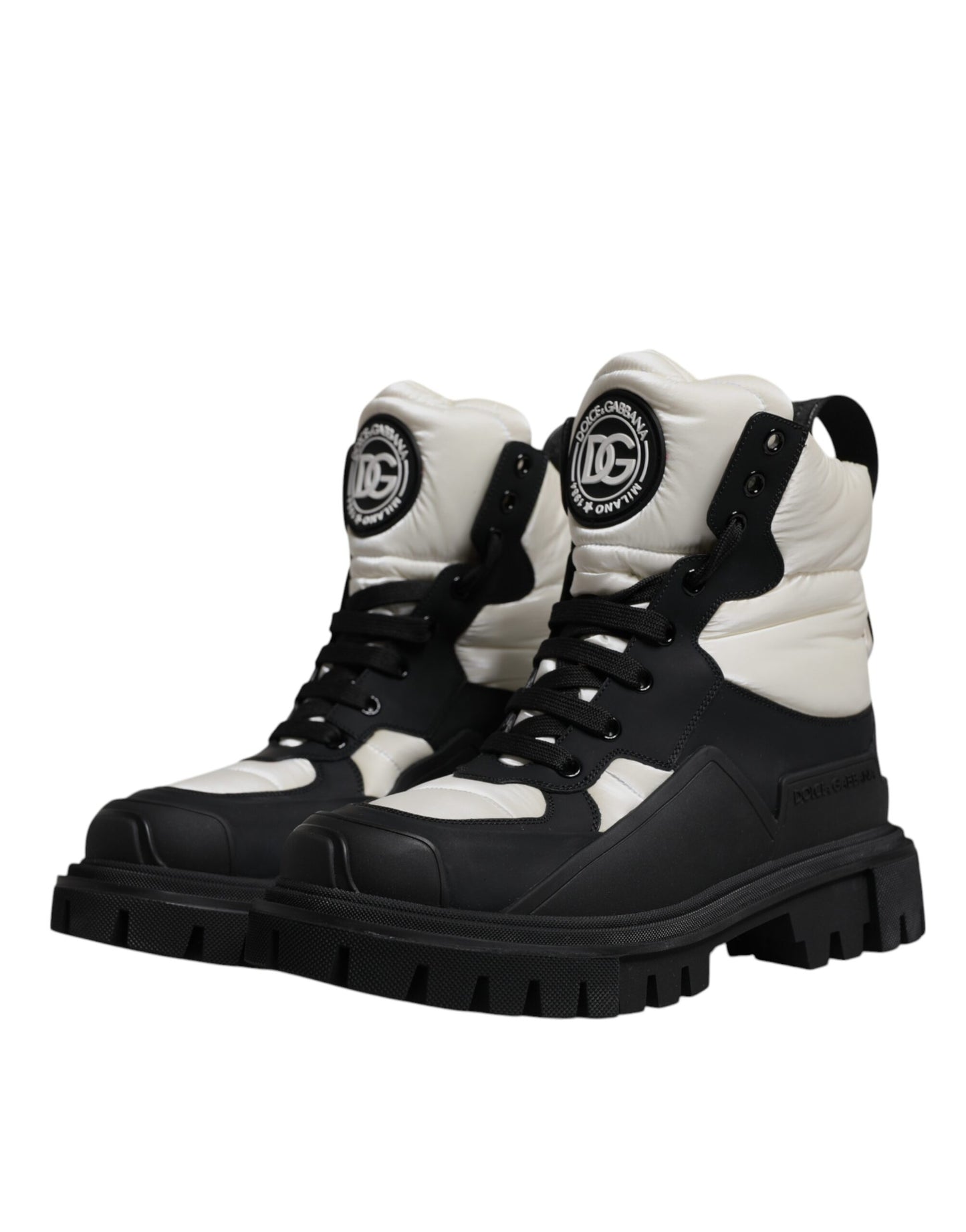 Dolce & Gabbana Black White Padded Mid Calf Lace Up Boots Shoes