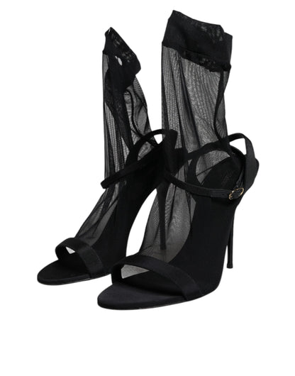 Dolce & Gabbana Black Tulle Stretch Heels Sandals Shoes