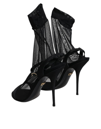 Dolce & Gabbana Black Tulle Stretch Heels Sandals Shoes