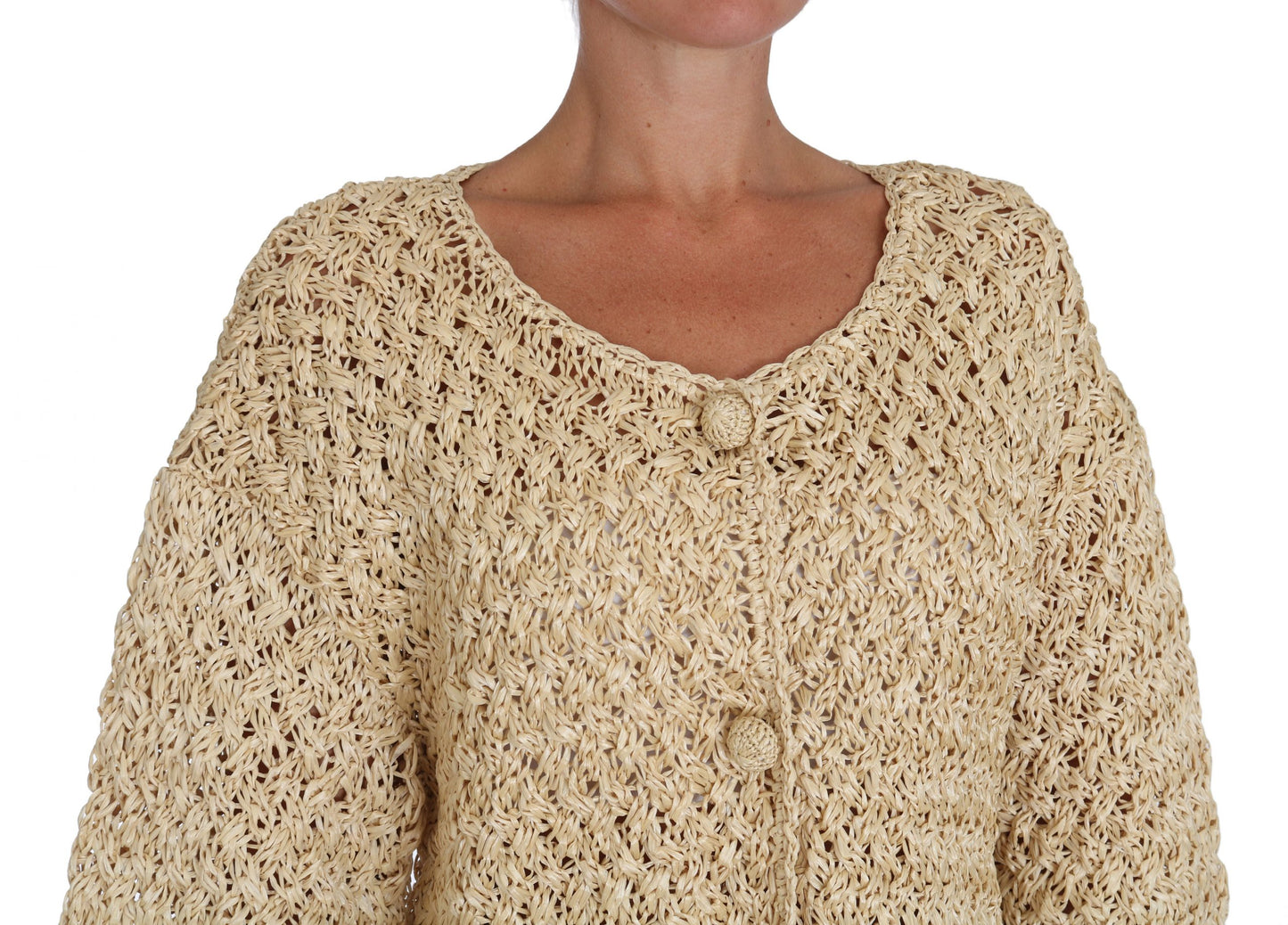 Dolce &amp; Gabbana Beige Cardigan Häkelstrickpullover aus Bast