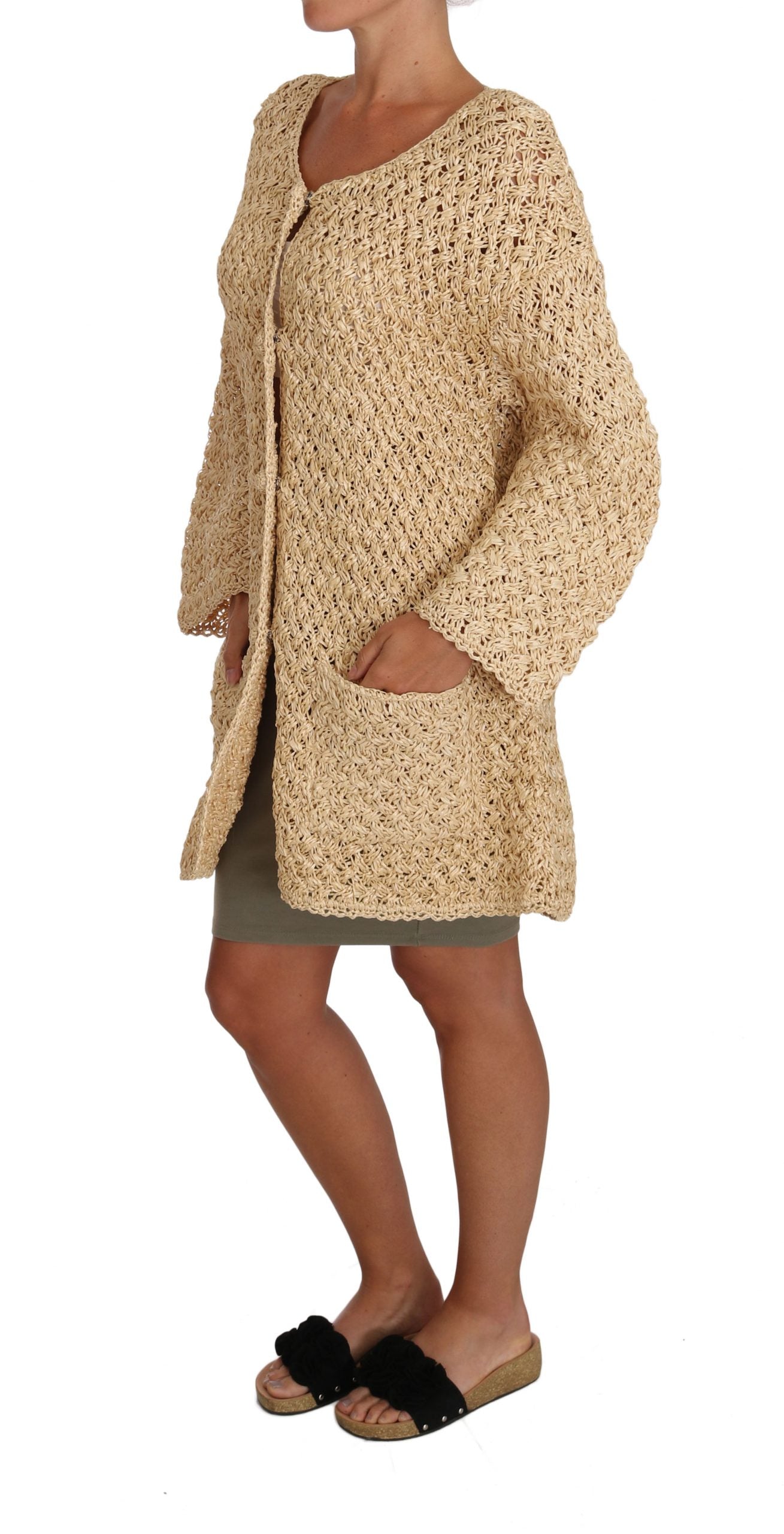 Dolce &amp; Gabbana Beige Cardigan Häkelstrickpullover aus Bast