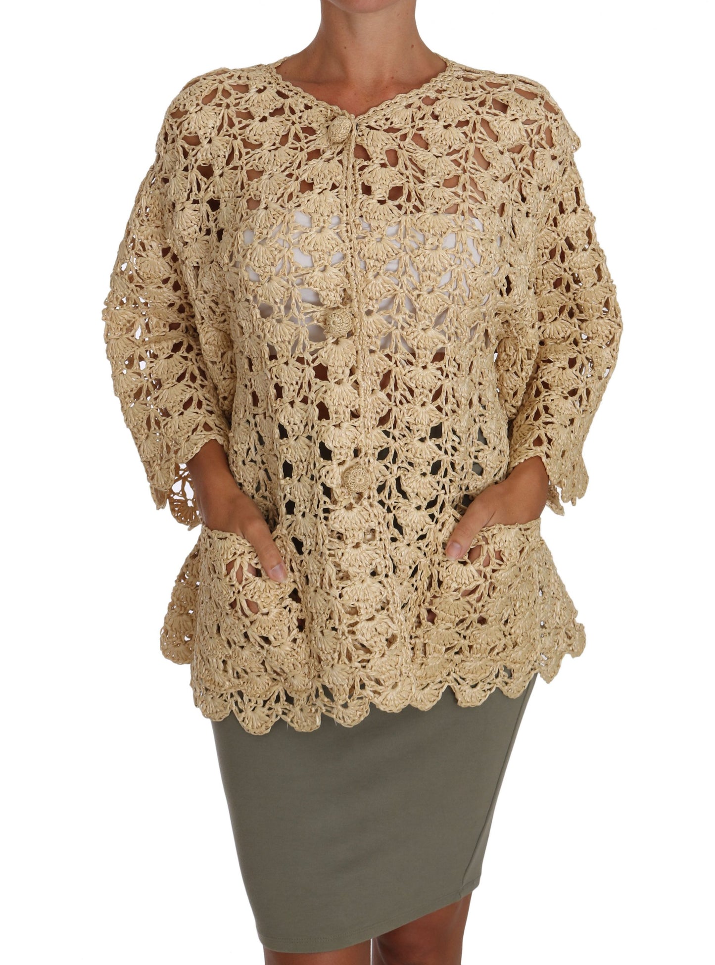 Dolce &amp; Gabbana Beige Cardigan Häkelstrick-Raffiapullover