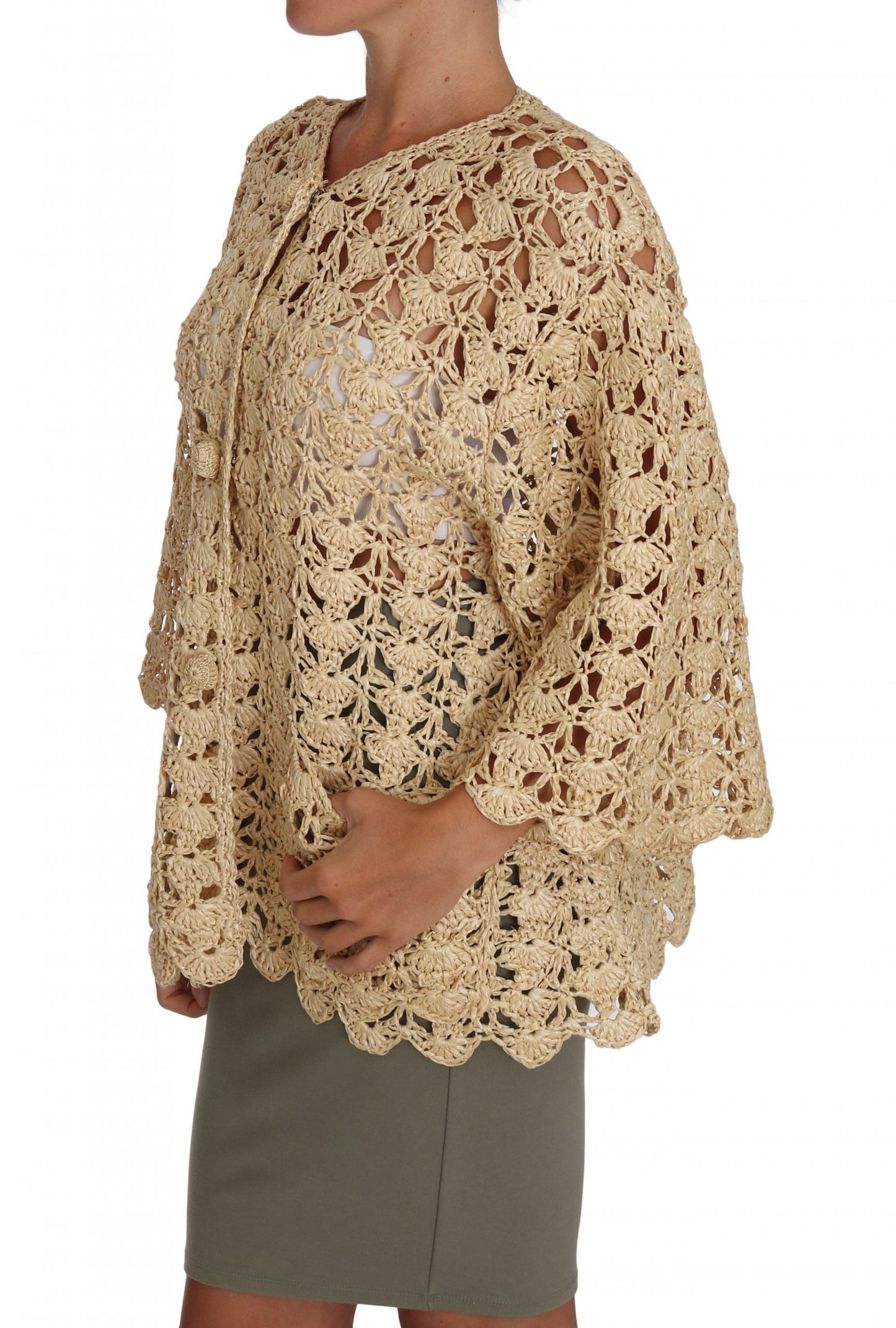 Dolce &amp; Gabbana Beige Cardigan Häkelstrick-Raffiapullover