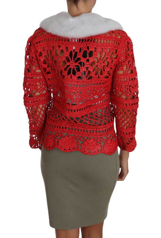 Dolce &amp; Gabbana Roter Cardigan Häkelstrick-Raffiapullover