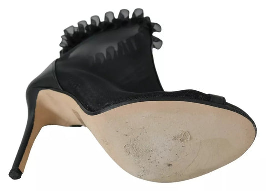 Mangano Black Leather Mesh Stiletto High Heels Peep Toe Boots Shoes