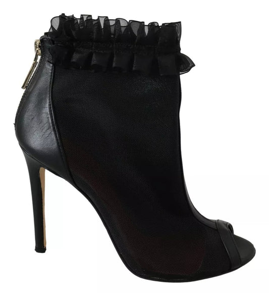 Mangano Black Leather Mesh Stiletto High Heels Peep Toe Boots Shoes