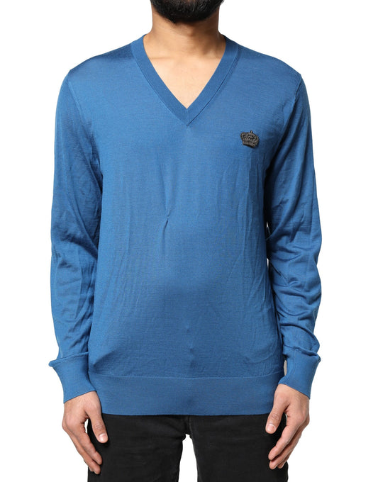 Dolce &amp; Gabbana Blauer Kaschmirpullover mit Krone und V-Ausschnitt