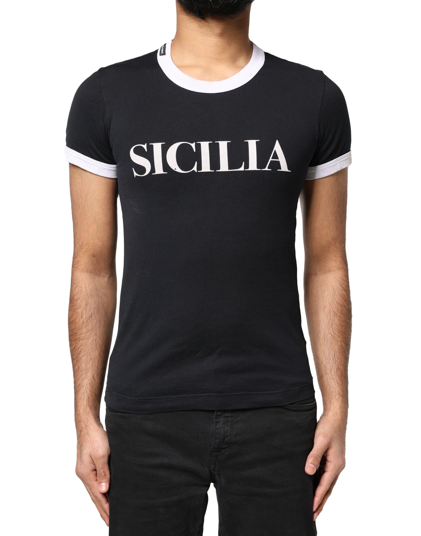 Dolce &amp; Gabbana – Schwarzes Sicilia-T-Shirt mit Rundhalsausschnitt und kurzen Ärmeln
