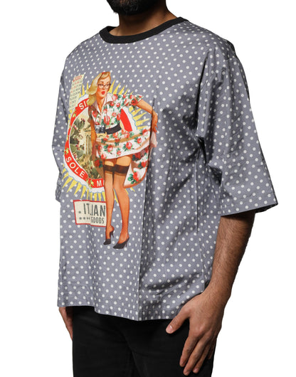 Dolce &amp; Gabbana Graues T-Shirt mit Rundhalsausschnitt und Pin-Up-Print mit Polka Dots