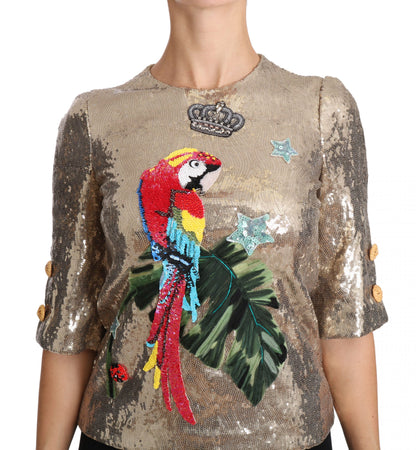 Dolce &amp; Gabbana – Bluse mit goldenen Pailletten und Papageien-Kristallen