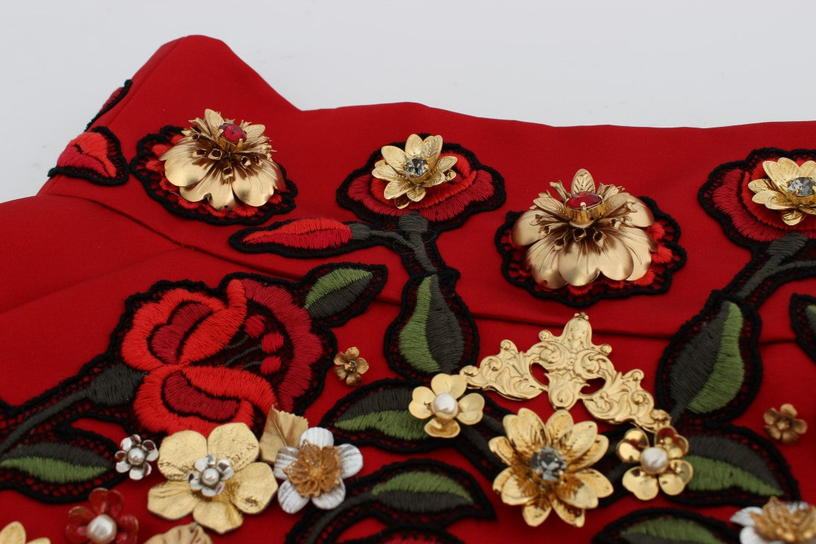 Dolce &amp; Gabbana Rote Seidenshorts mit Kristallrosen 