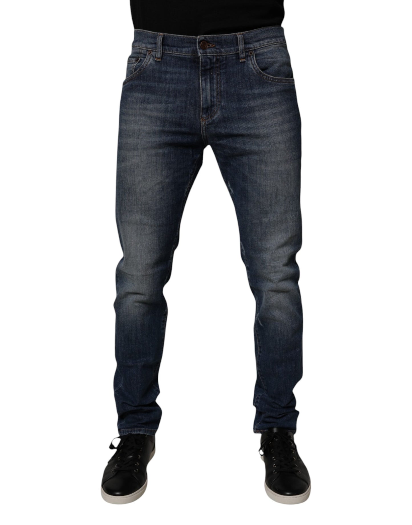 Dolce &amp; Gabbana Dunkelblaue Skinny-Jeans aus Baumwoll-Leder