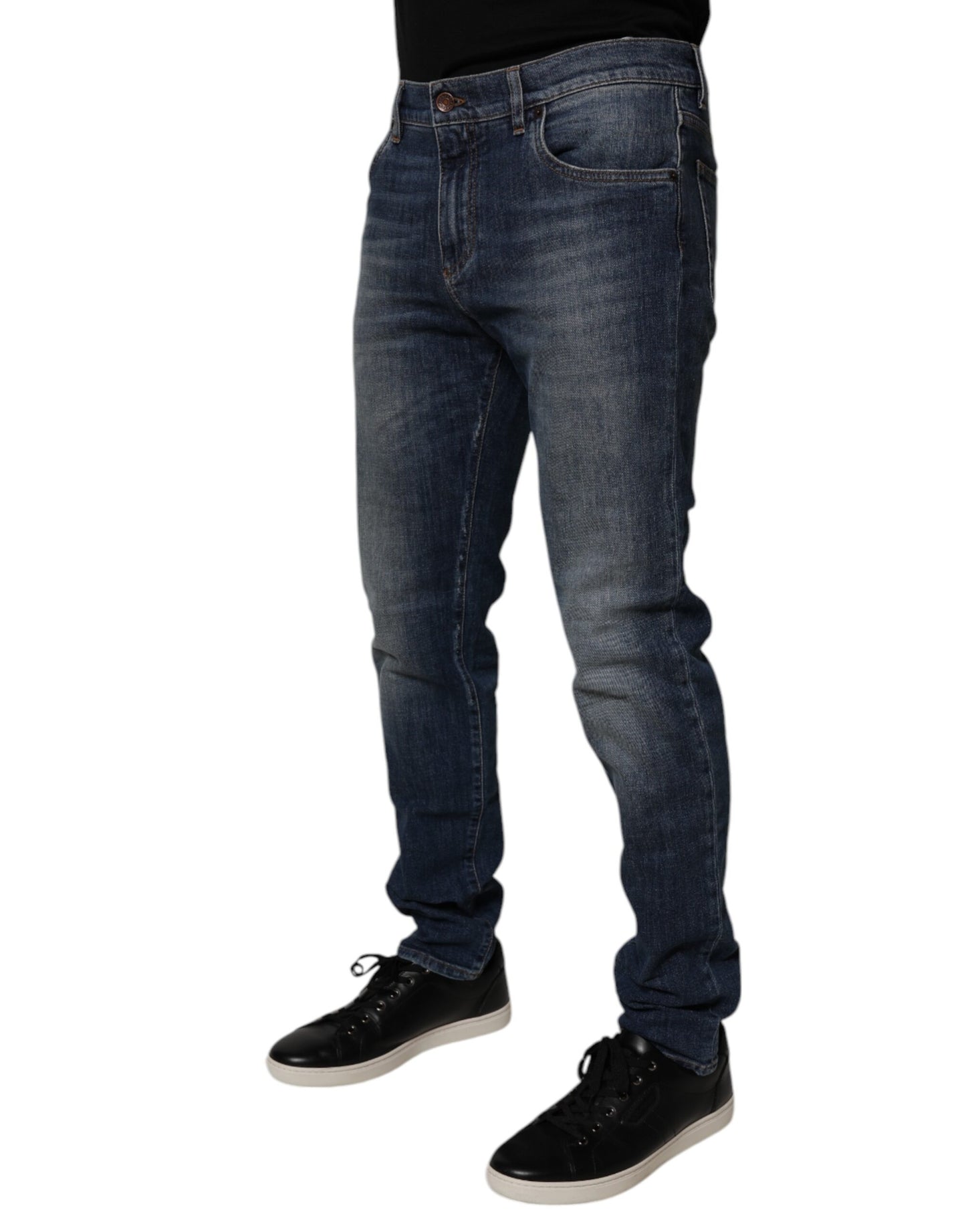 Dolce &amp; Gabbana Dunkelblaue Skinny-Jeans aus Baumwoll-Leder