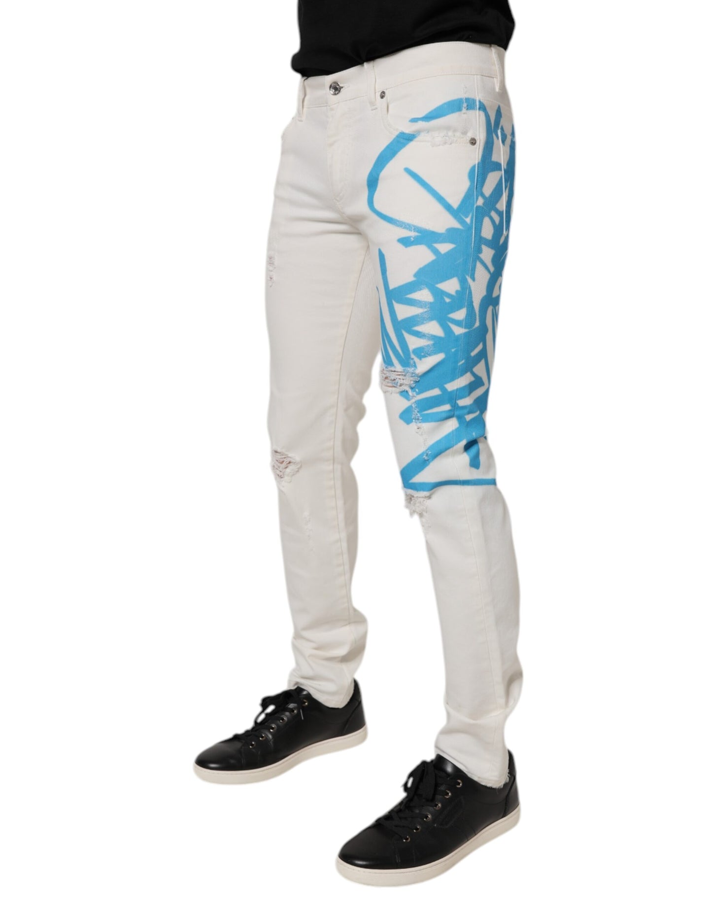 Dolce &amp; Gabbana – Weiße, zerfetzte Skinny-Jeans mit Graffiti-Print