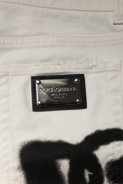 Dolce &amp; Gabbana – Weiße, zerfetzte Skinny-Jeans mit Graffiti-Print