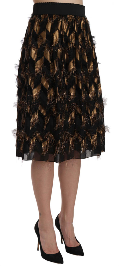 Dolce &amp; Gabbana – Bleistiftrock in A-Linie mit Metallic-Fransen in Schwarz und Gold