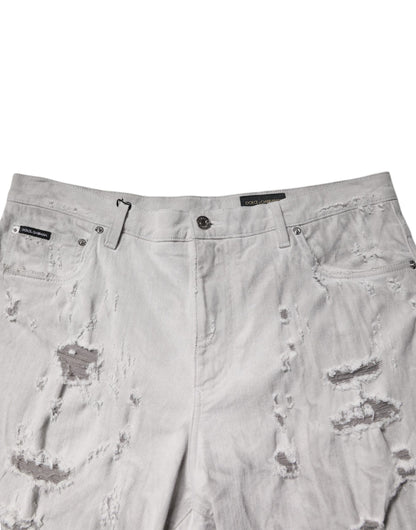 Dolce &amp; Gabbana Hellgraue zerfetzte Herren-Denim-Bermudashorts