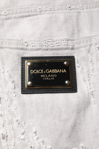 Dolce &amp; Gabbana Hellgraue zerfetzte Herren-Denim-Bermudashorts