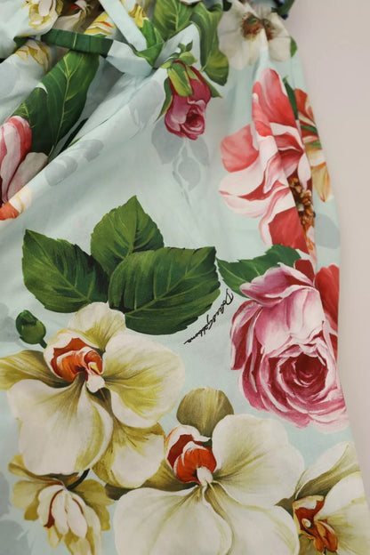 Dolce &amp; Gabbana – Grünes, geblümtes, kurzärmliges Baumwollkleid mit V-Ausschnitt
