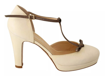 SERGIO LEVANTESI Beige T-Strap Block Heels Pumps Leather Shoes