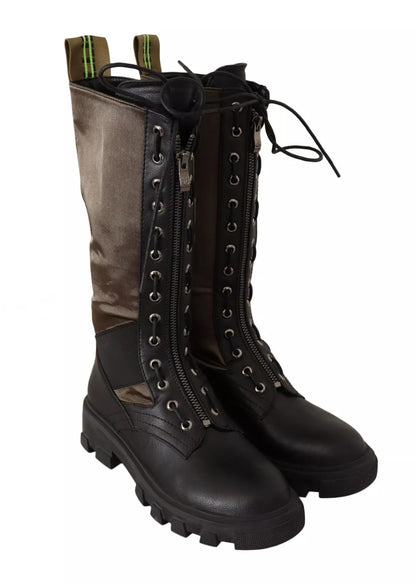 Gaelle Black Green High Combat Boots Lace Up Military Shoes
