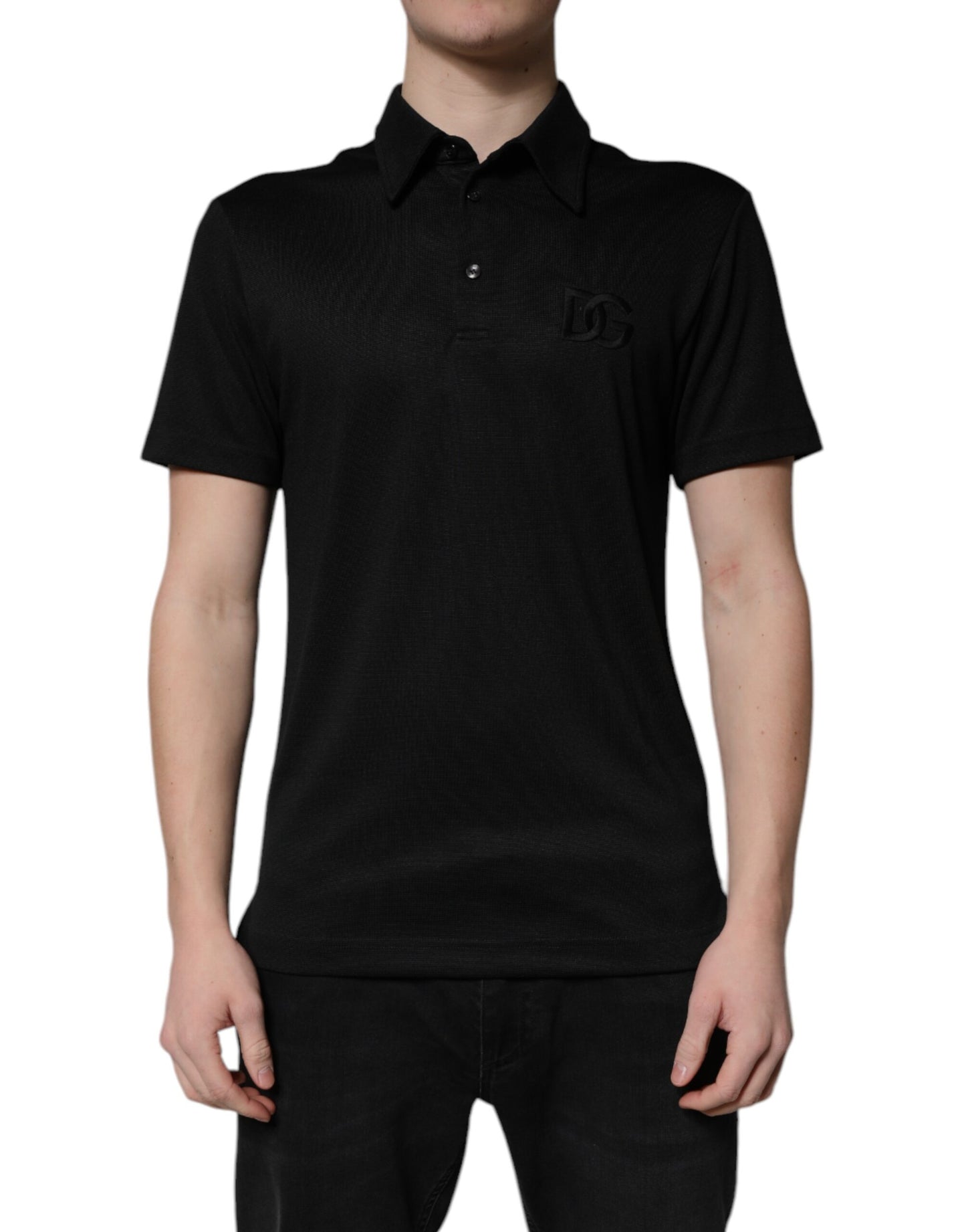 Dolce &amp; Gabbana – Schwarzes Poloshirt aus Polyester mit DG-Logo und Kragen