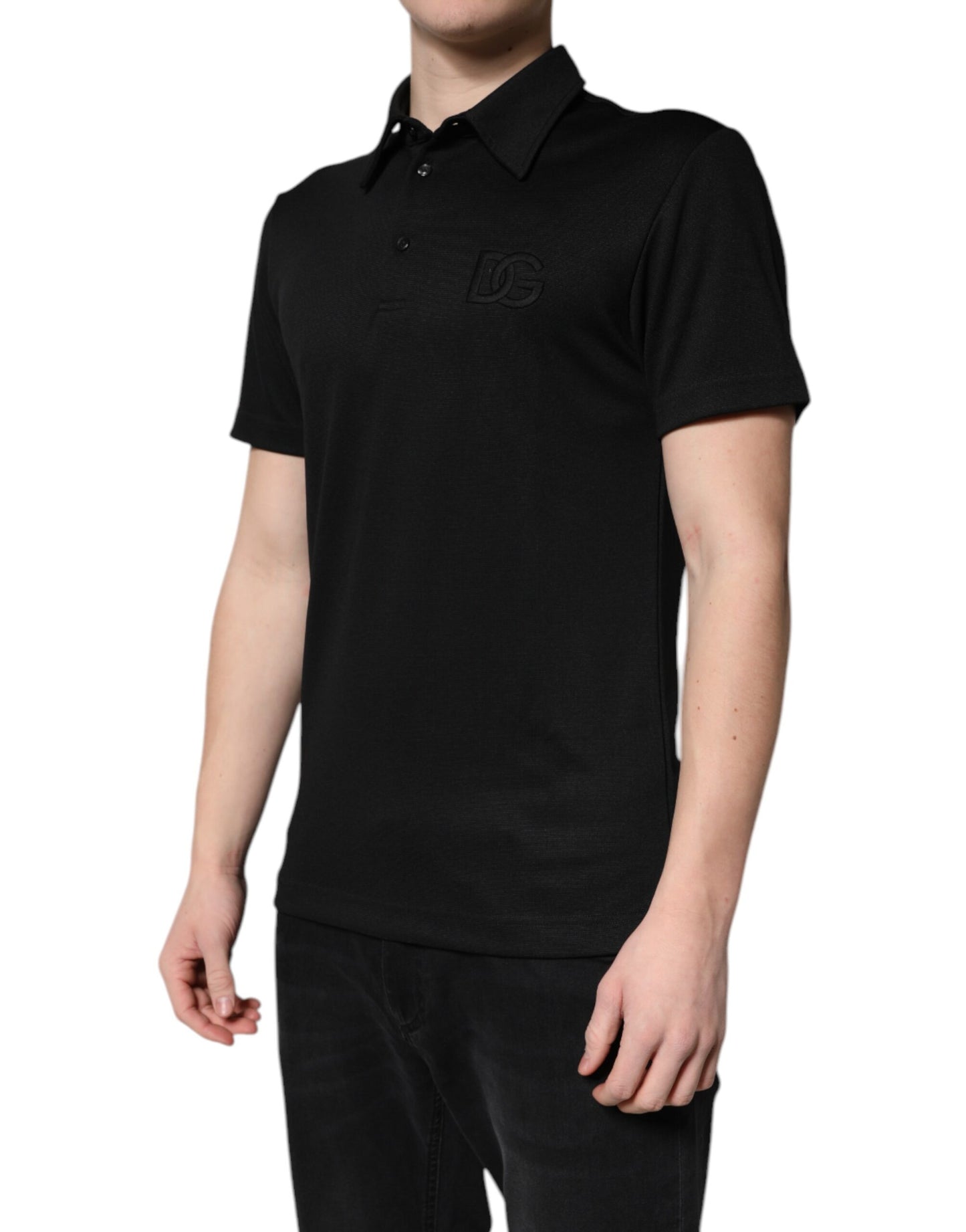 Dolce &amp; Gabbana – Schwarzes Poloshirt aus Polyester mit DG-Logo und Kragen