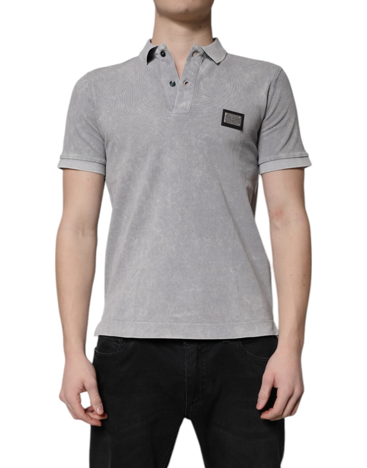 Dolce &amp; Gabbana Graues Poloshirt aus Baumwolle mit Logo-Plakette für Herren
