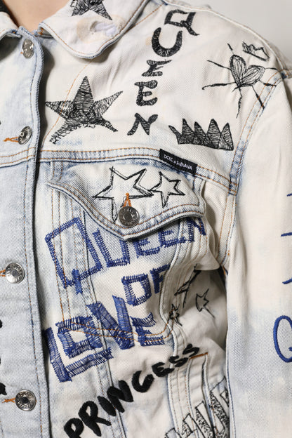 Dolce &amp; Gabbana Hellblaue Jeansjacke mit Graffiti-Knopfleiste