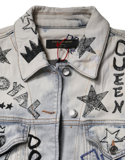 Dolce &amp; Gabbana Hellblaue Jeansjacke mit Graffiti-Knopfleiste